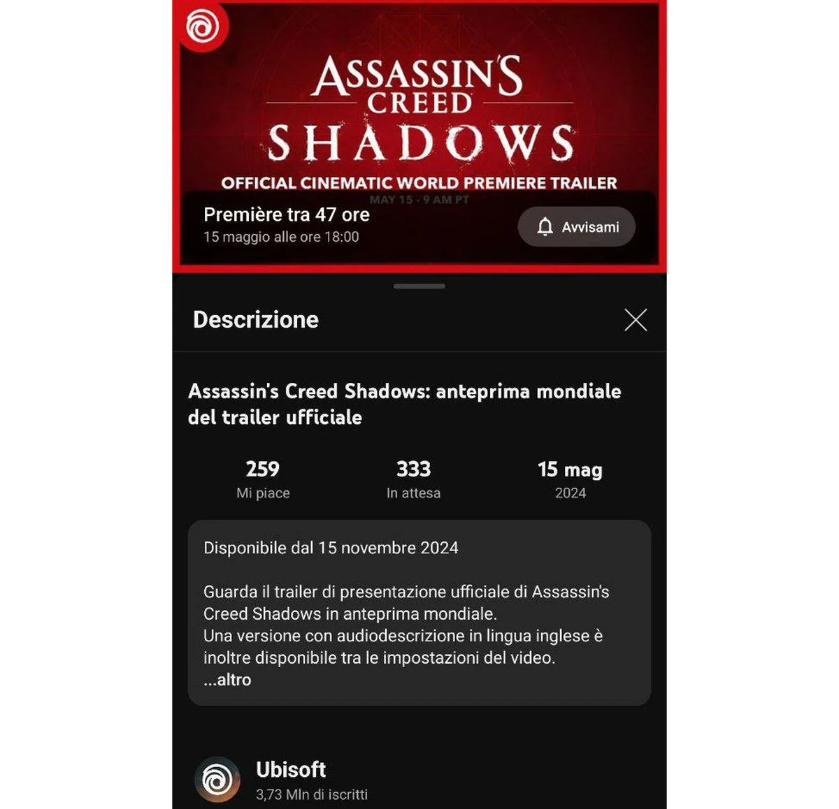 Дата релиза Assassins Creed Shadows предположительно появилась в YouTube - фото 1