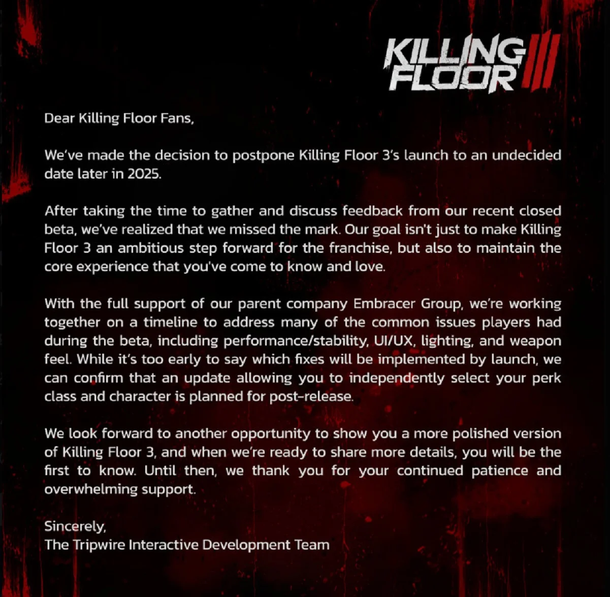  Killing Floor 3 перенесен на неопределенный срок из-за отзывов с бета-теста.
