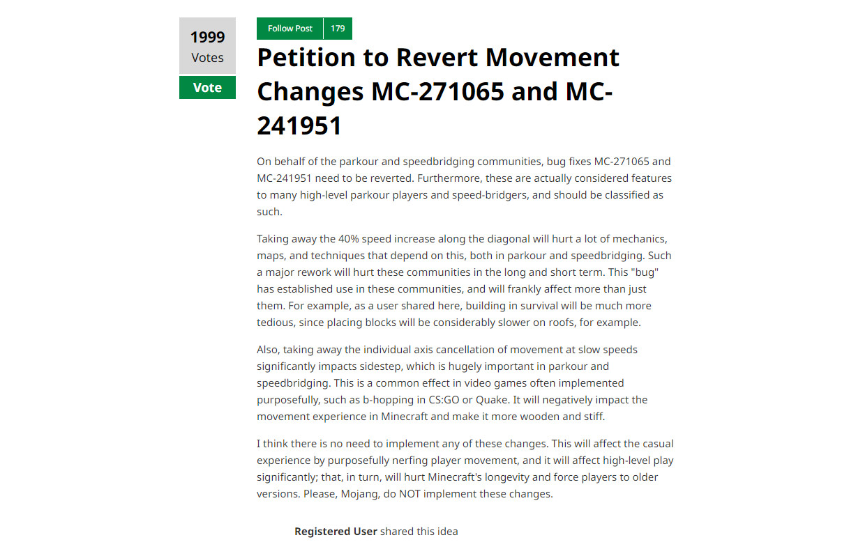 Фанаты Minecraft оказались в ярости из-за исправления «ошибок» передвижения в свежем патче - изображение 1 Фанаты Minecraft оказались в ярости из-за исправления «ошибок» передвижения в свежем патче - фото 1