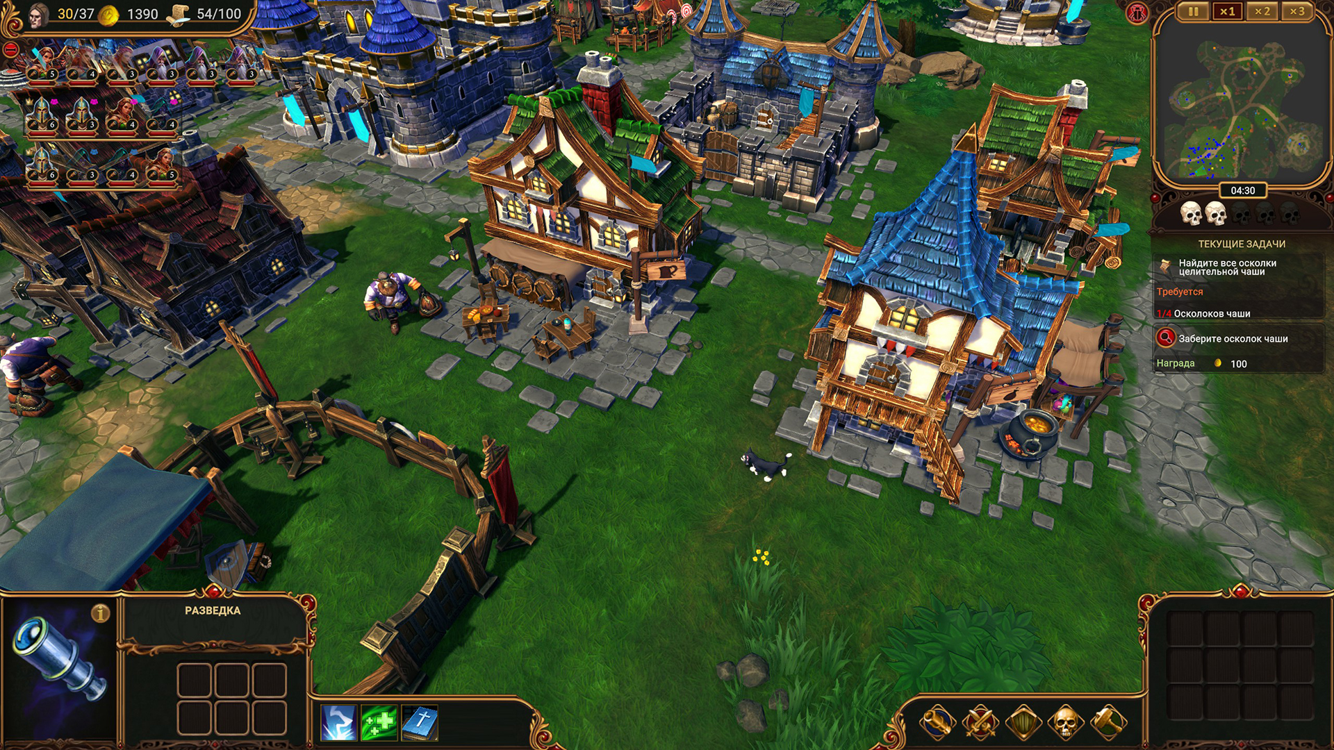 Внешний вид города можно рассматривать долго. Видно даже, чем кормят в местной таверне.
Источник: видеоигра Lessaria: Fantasy Kingdom Sim