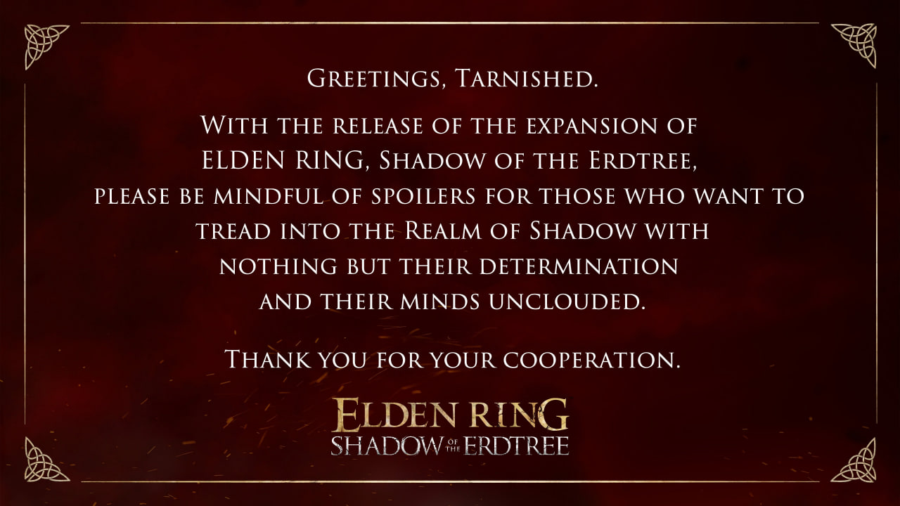 Авторы Elden Ring выпустили предупреждение о спойлерах к Shadow of the Erdtree - изображение 1 Авторы Elden Ring выпустили предупреждение о спойлерах к Shadow of the Erdtree - фото 1