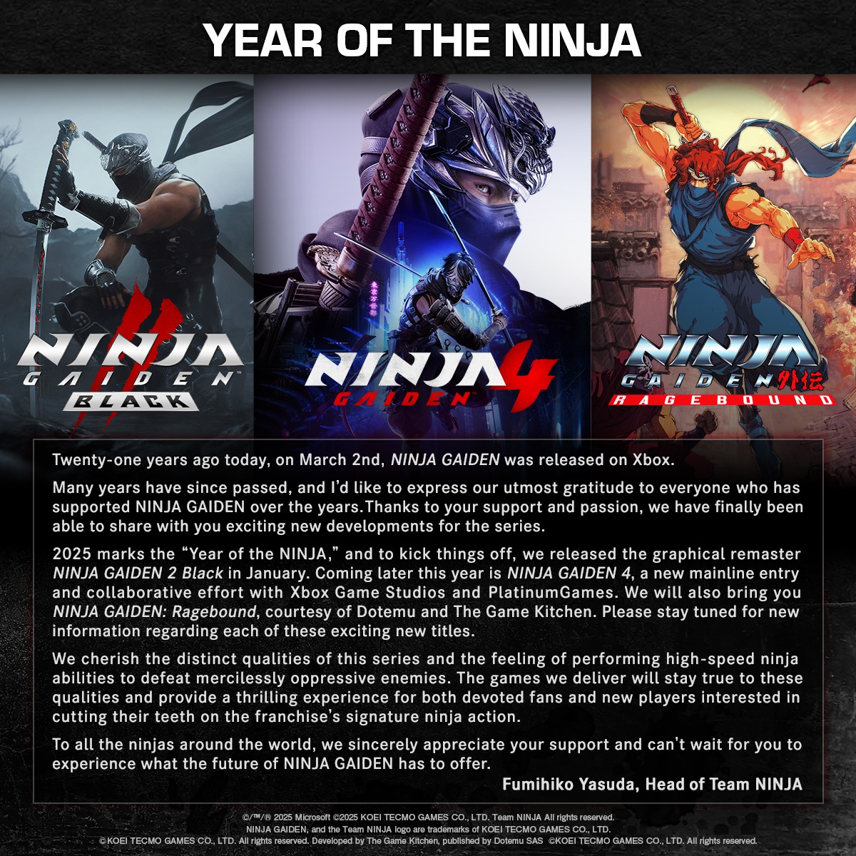Team Ninja поздравила всех с 21-летием серии Ninja Gaiden в этот «Год Ниндзя» - изображение 1 Team Ninja поздравила всех с 21-летием серии Ninja Gaiden в этот «Год Ниндзя» - фото 1