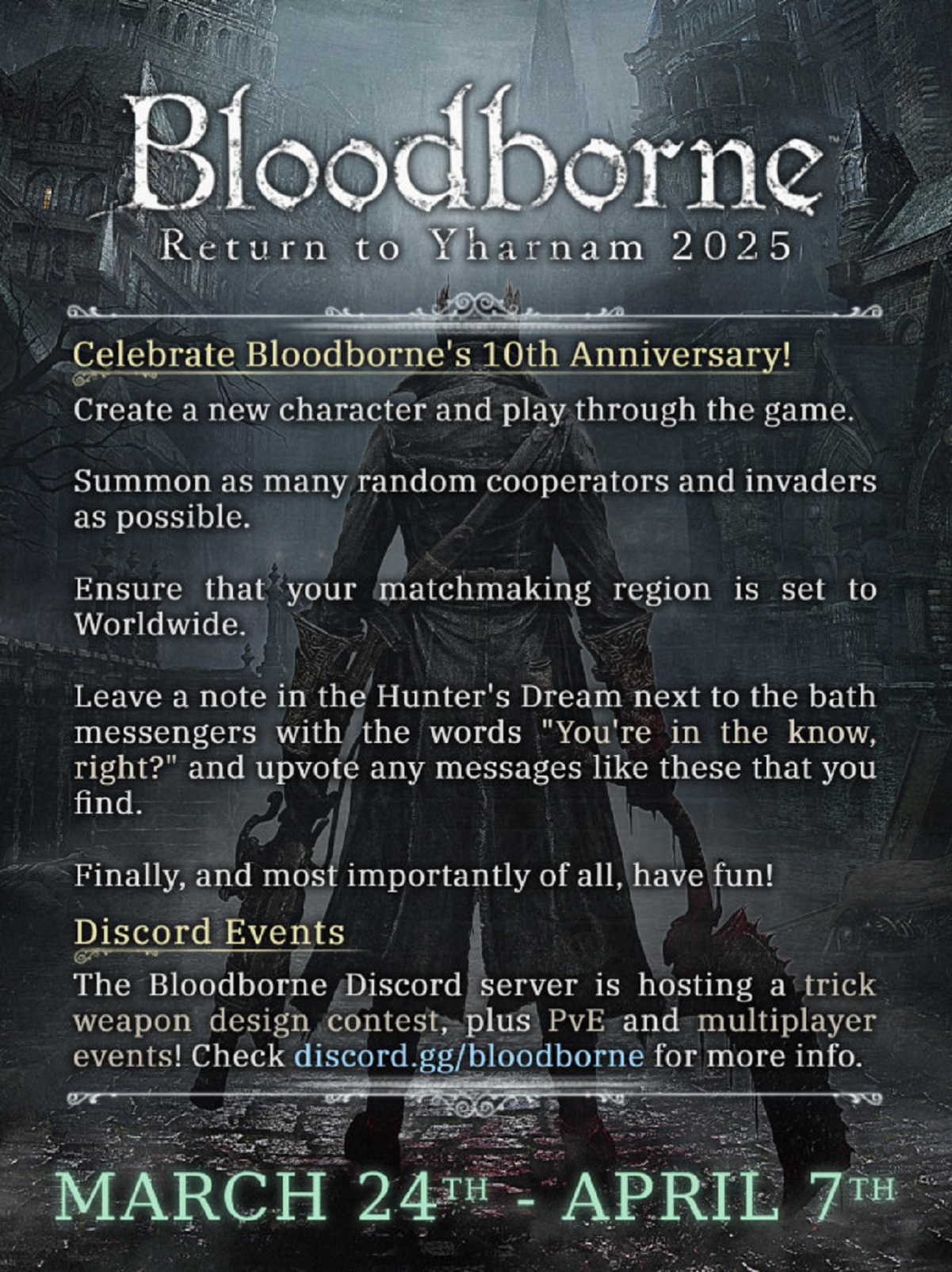 Фанаты Bloodborne вновь оживили мультиплеер игры в честь 10-летия с релиза - изображение 1 Фанаты Bloodborne вновь оживили мультиплеер игры в честь 10-летия с релиза - фото 1
