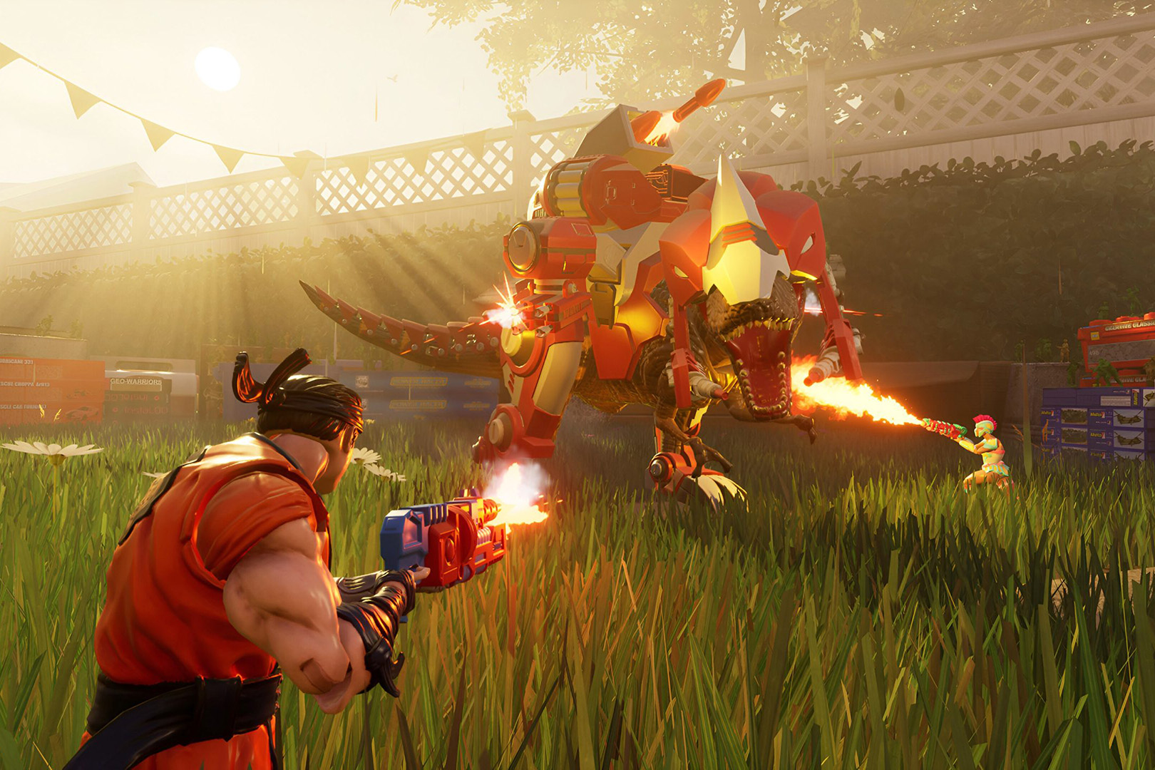 Игрушечный солдат сражается в масштабных сражениях на локациях вроде ванной или гаража.
Источник: видеоигра Hypercharged Unboxed