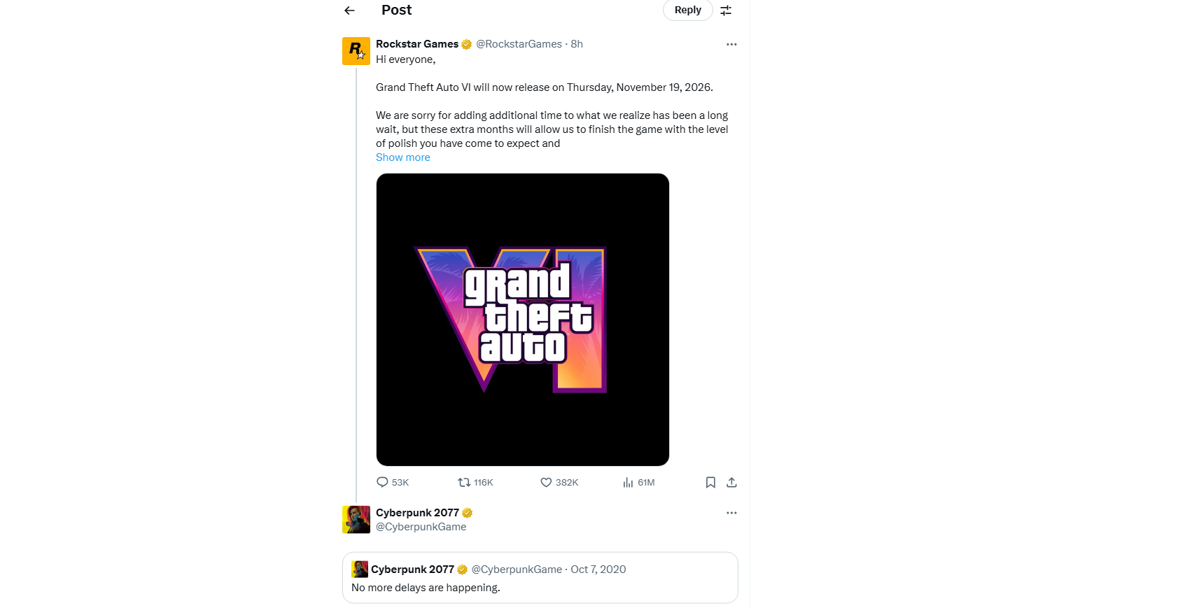 Новый перенос GTA 6: реакция сообщества и неожиданный комментарий от CD Projekt Red