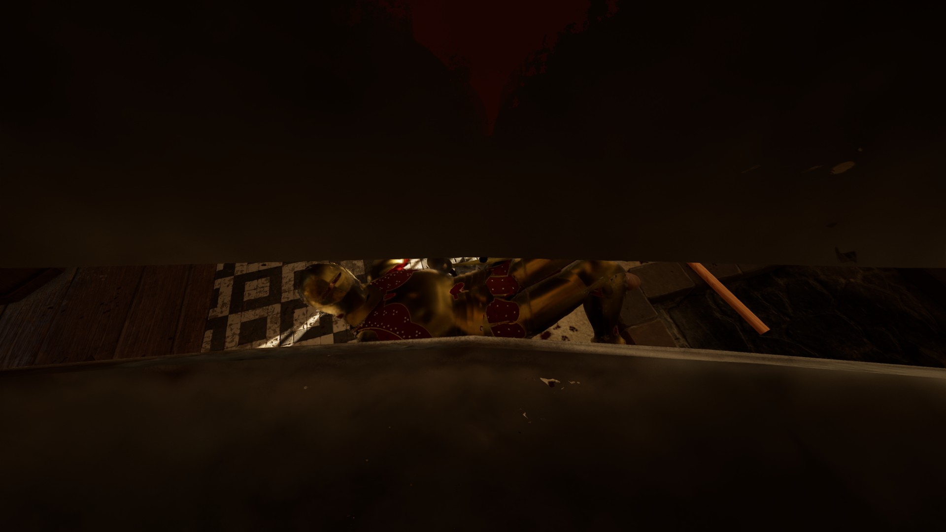 Взгляд из шлема на павшего барона.

Источник: видеоигра Half Sword