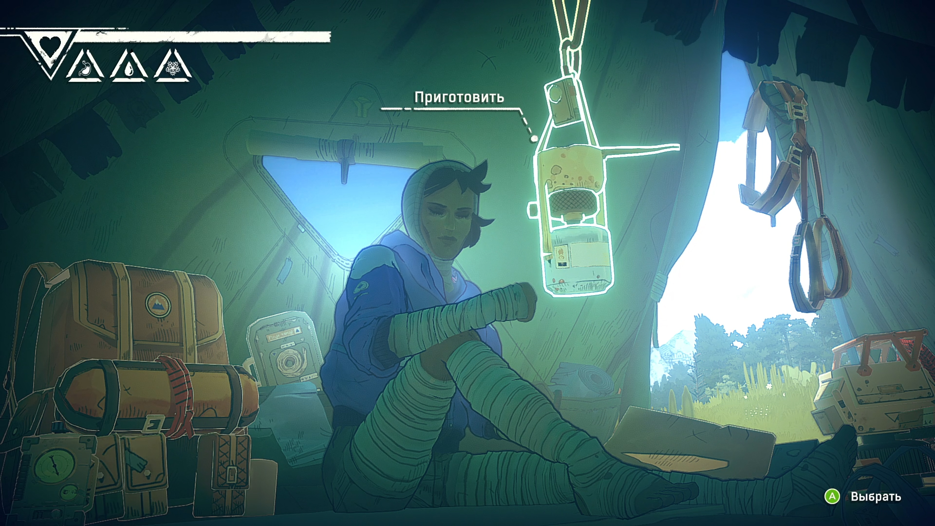 Перевалочные лагеря позволяют сохранить достигнутый прогресс и заняться подготовкой к последующему подъёму: приготовить еду, привести в порядок снаряжение и укомплектовать рюкзак.

Источник: видеоигра Cairn