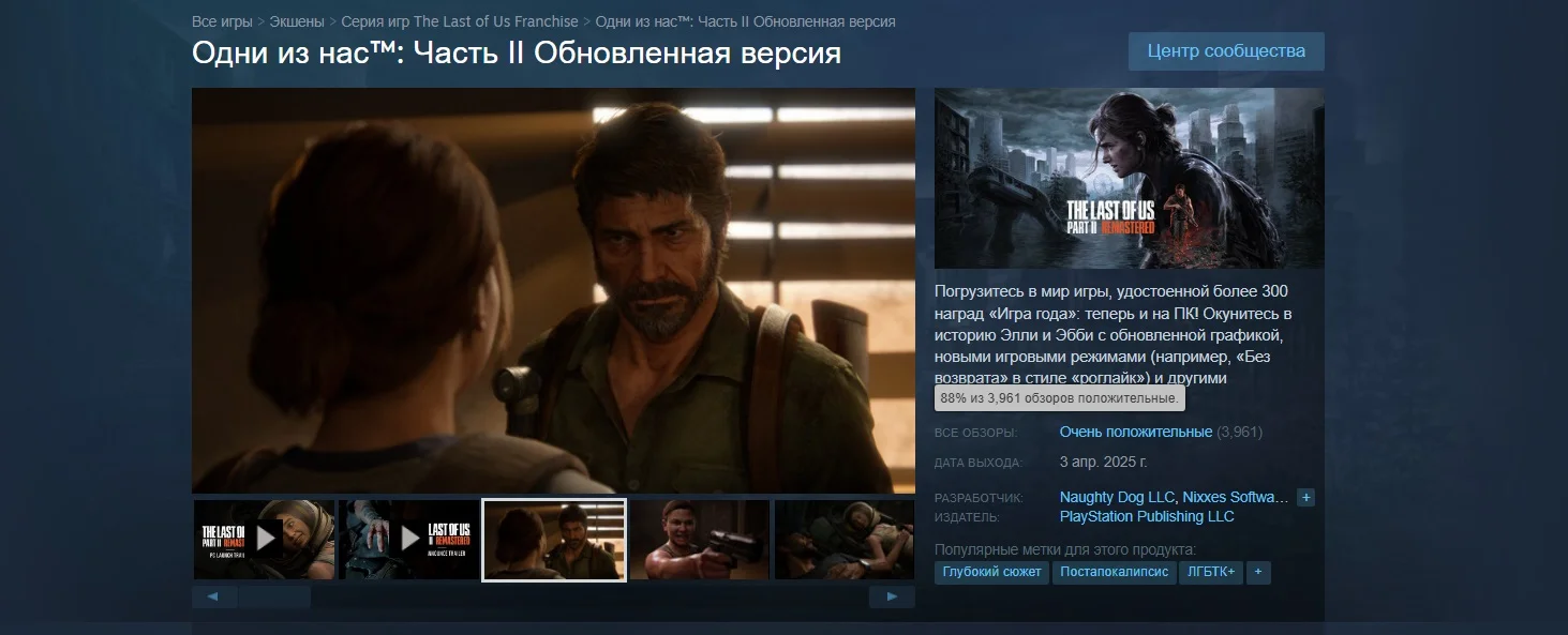Пик онлайна ремастера The Last of Us Part 2 в Steam превысил Spider-Man 2, но не первую TLoU - изображение 1 Пик онлайна ремастера The Last of Us Part 2 в Steam превысил Spider-Man 2, но не первую TLoU - фото 1