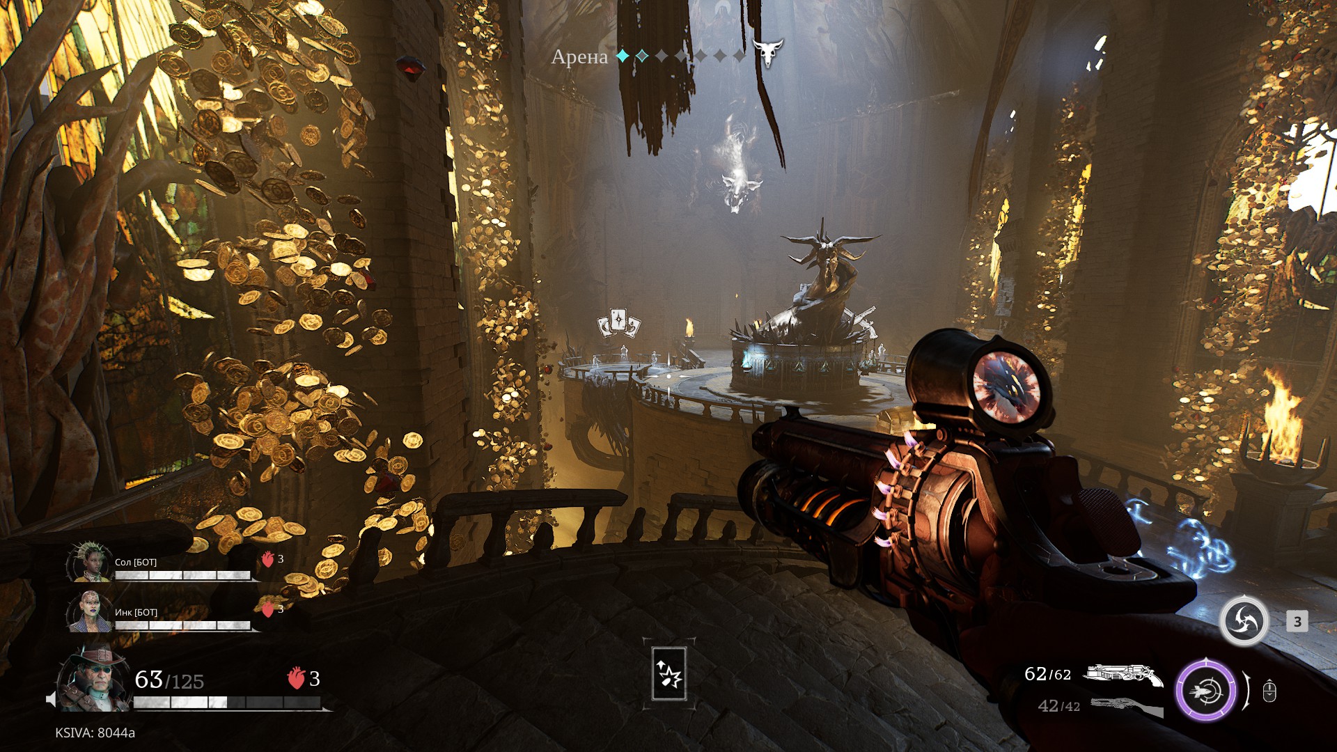 Между испытаниями в режиме рогалика можно передохнуть в комнате, где Азазель награждает защитников новым снаряжением
Источник: видеоигра Painkiller