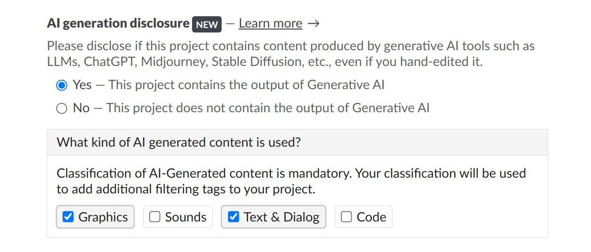 Платформа itch.io потребует сообщать об использовании GenAI в разработке - изображение 1 Платформа itch.io потребует сообщать об использовании GenAI в разработке - фото 1