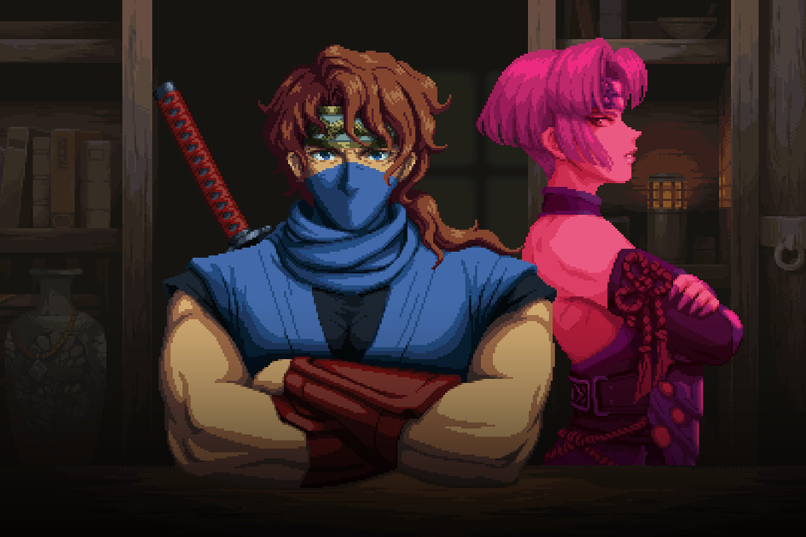 А вот и главный дуэт героев.
Источник: видеоигра Ninja Gaiden: Ragebound
