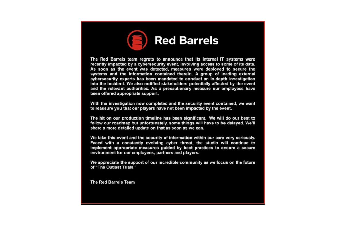 Создатели Outlast из Red Barrels пострадали от серьёзной утечки данных в ходе кибератаки - изображение 1 Создатели Outlast из Red Barrels пострадали от серьёзной утечки данных в ходе кибератаки - фото 1