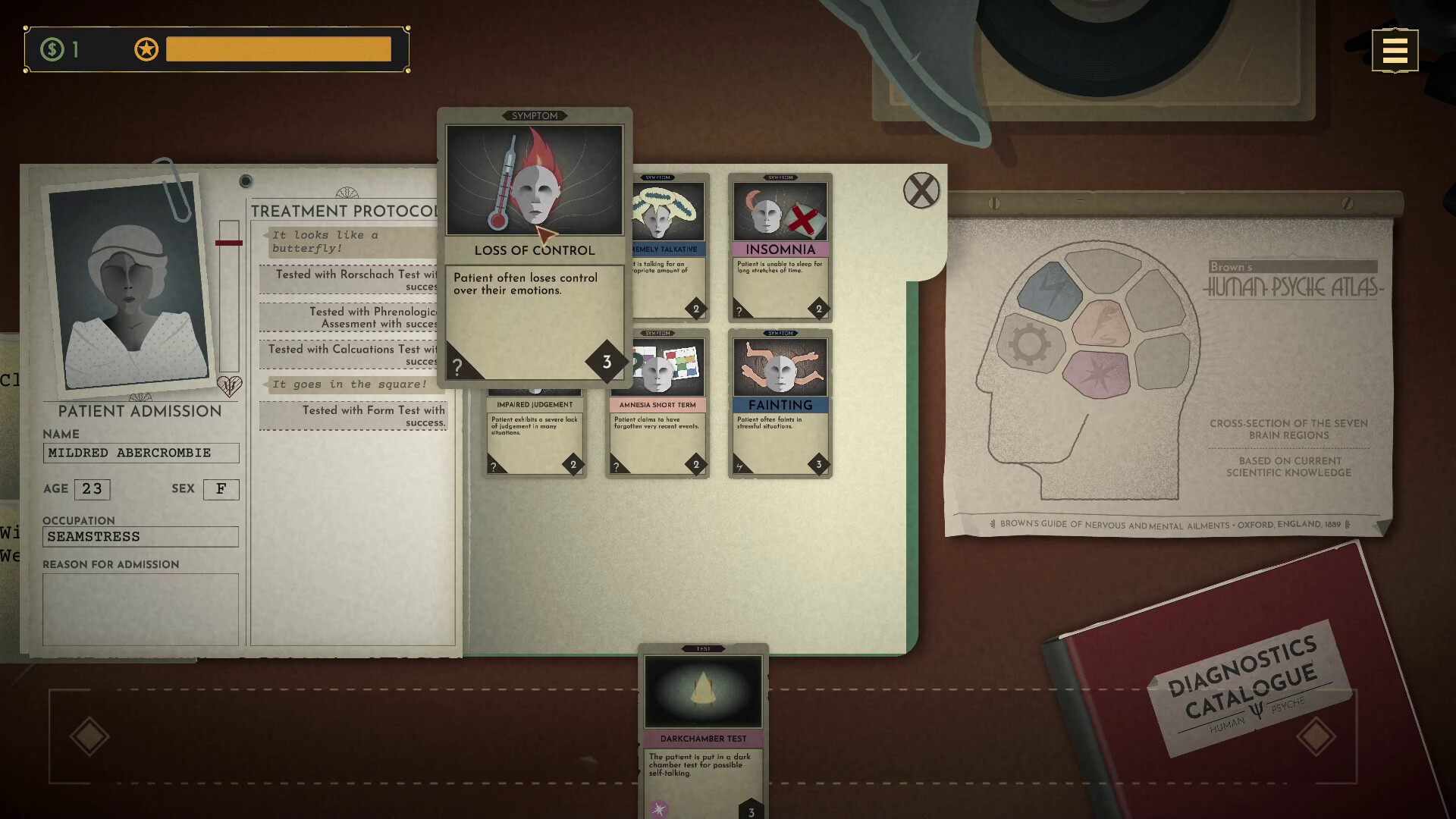 Постоянно придётся соединять карточку с симптомом.

Источник: видеоигра Sanatorium: A Mental Asylum Simulator