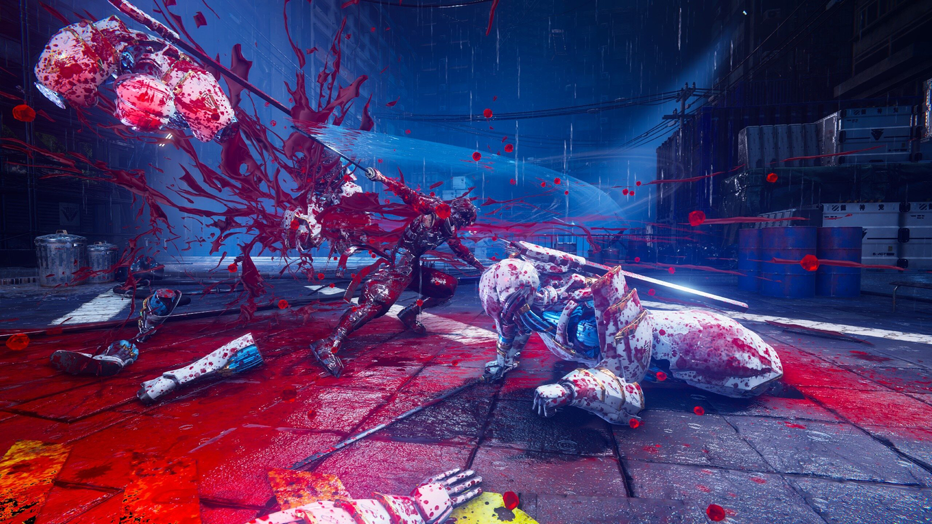 Конечности летят, а кровь брызжет во все стороны.

Источник: видеоигра Ninja Gaiden 4
