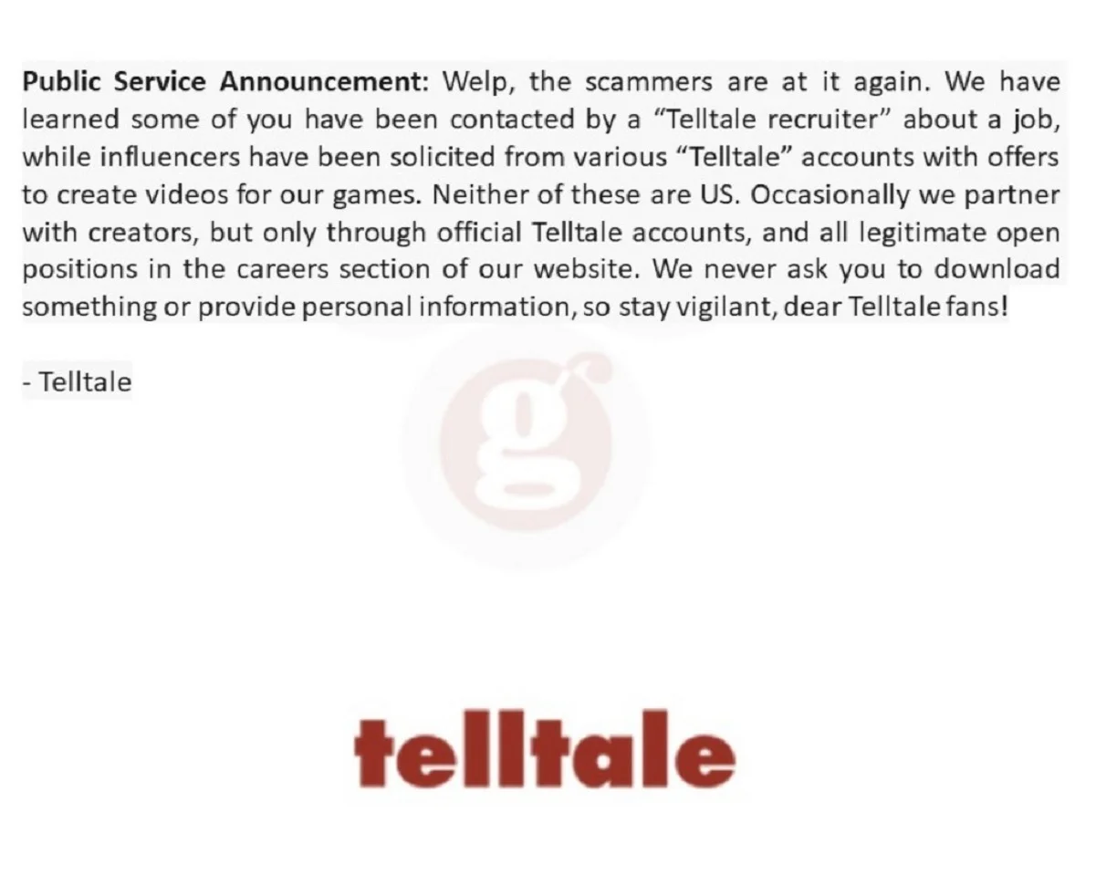 Telltale Games предупредила о новых случаях мошенничества от лица студии - фото 1