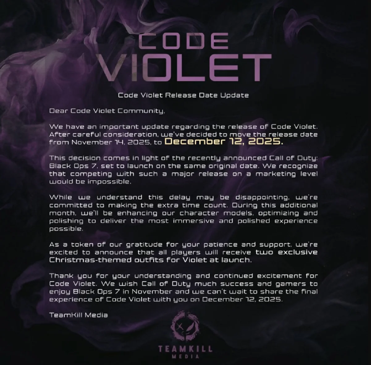 Code Violet: Новый срок выхода и рождественский сюрприз