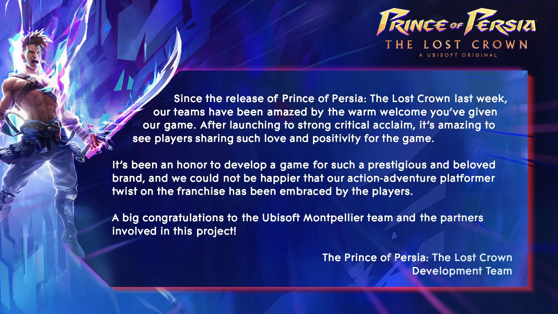 Ubisoft Montpellier поблагодарила всех игроков Prince of Persia The Lost Crown - фото 1
