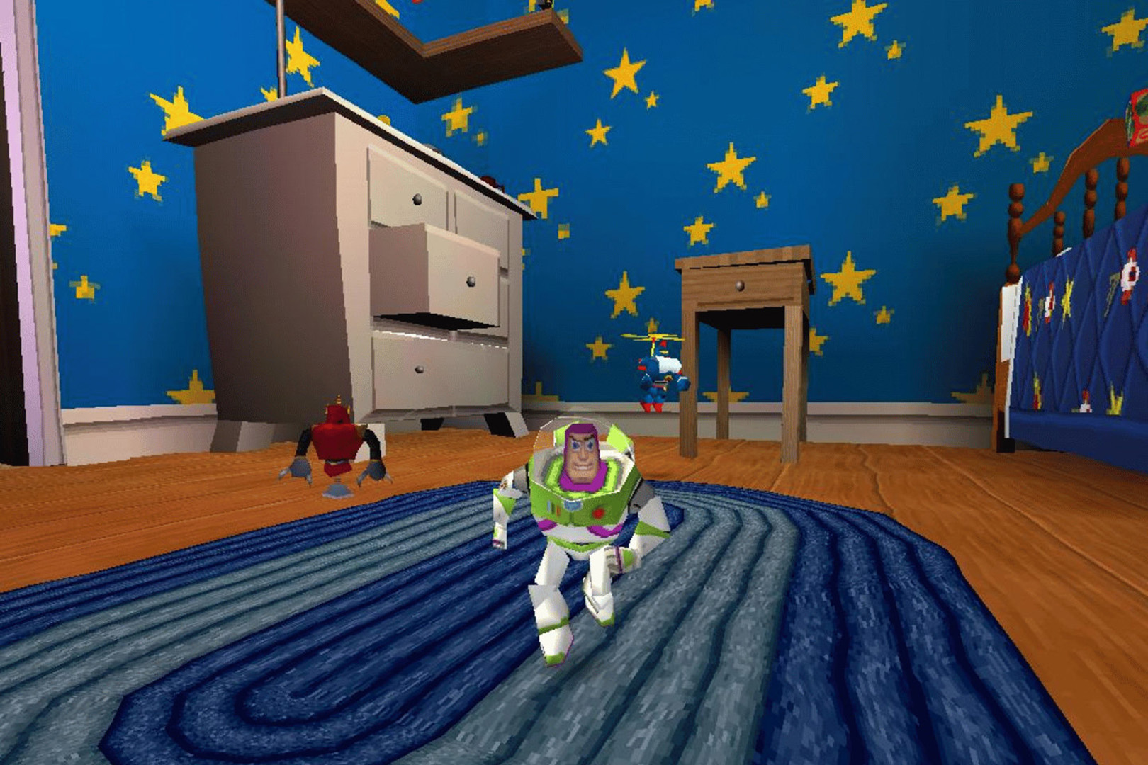 Управляем Баззом Лайтером, исследуя уровни-песочницы и собирая предметы, чтобы спасти Вуди.
Источник: видеоигра Toy Story 2