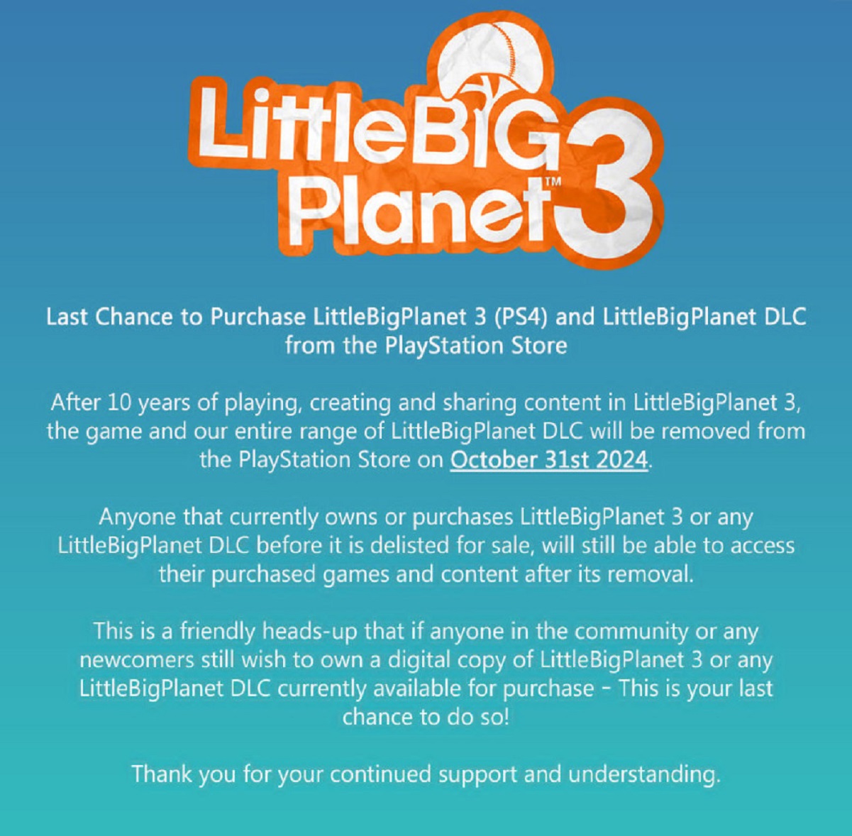 LittleBigPlanet 3 на PlayStation 4 и дополнения уберут из продажи в конце октября - изображение 1 LittleBigPlanet 3 на PlayStation 4 и дополнения уберут из продажи в конце октября - фото 1