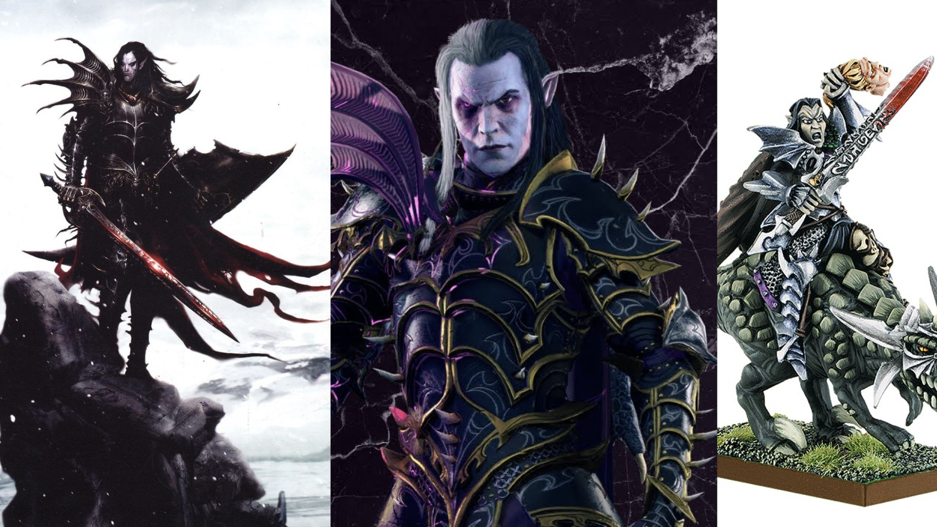 Наглядная разница между Малусом Даркблейдом из Warhammer Fantasy Battle на обложке книги, в Total War и в настольной игре