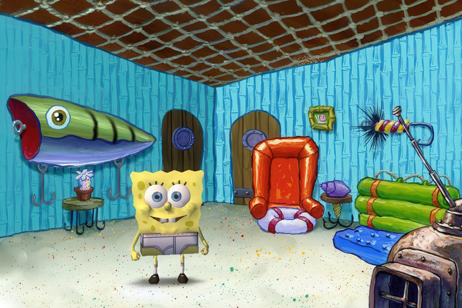 Особого очарования игре добавляло сочетание трёхмерных моделей персонажей и двухмерных рисованных задников.

Источник: видеоигра The SpongeBob SquarePants Movie Game