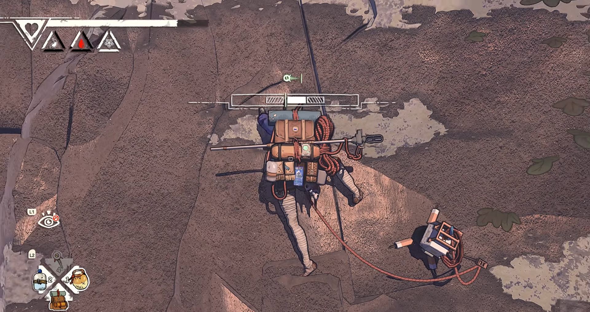 Альпинистские штыри — неотъемлемая часть подъёма. Они позволяют встать на страховку и восстановить силы.

Источник: видеоигра Cairn