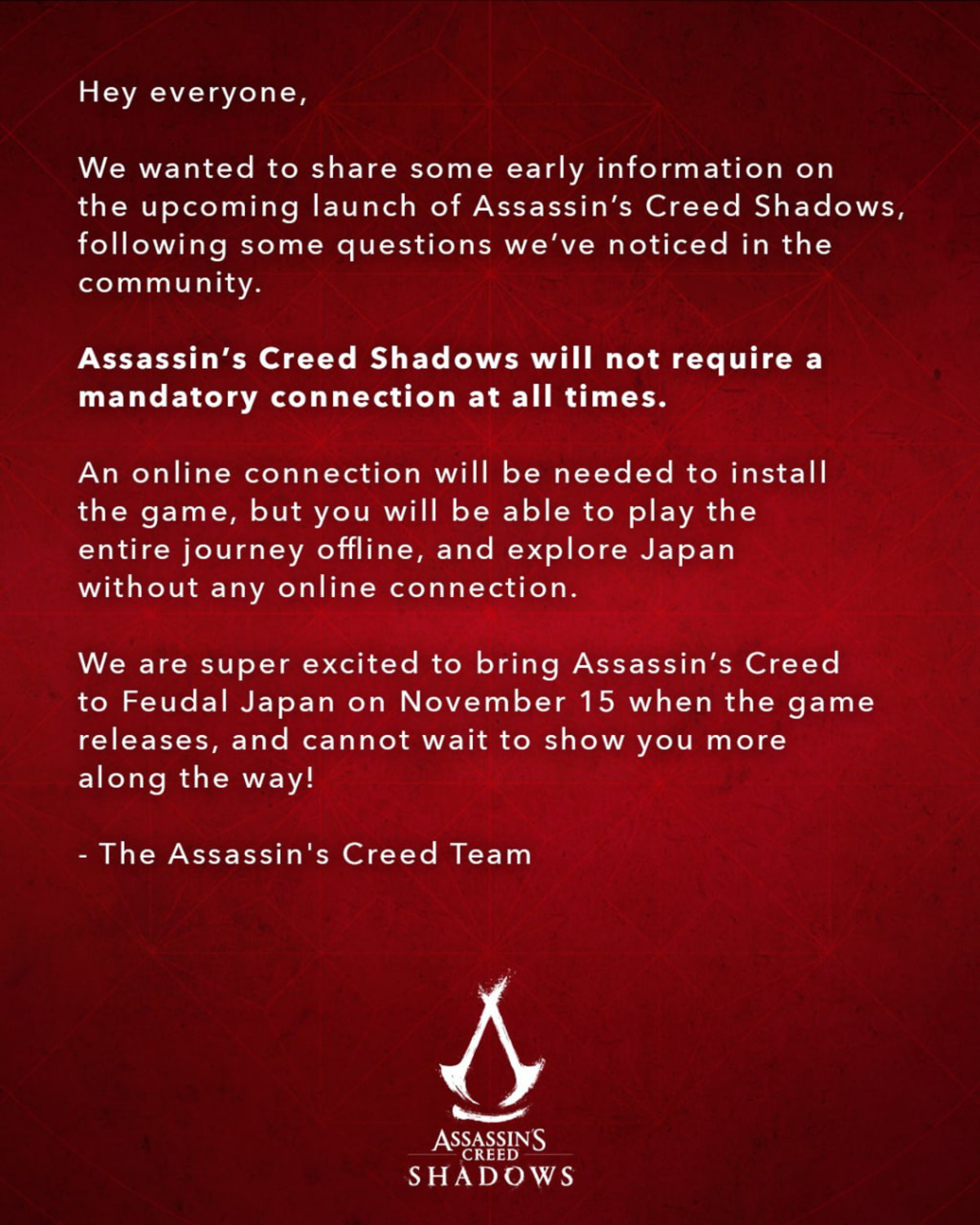 Assassins Creed Shadows не будет требовать постоянного подключения к сети - изображение 1 Assassins Creed Shadows не будет требовать постоянного подключения к сети - фото 1