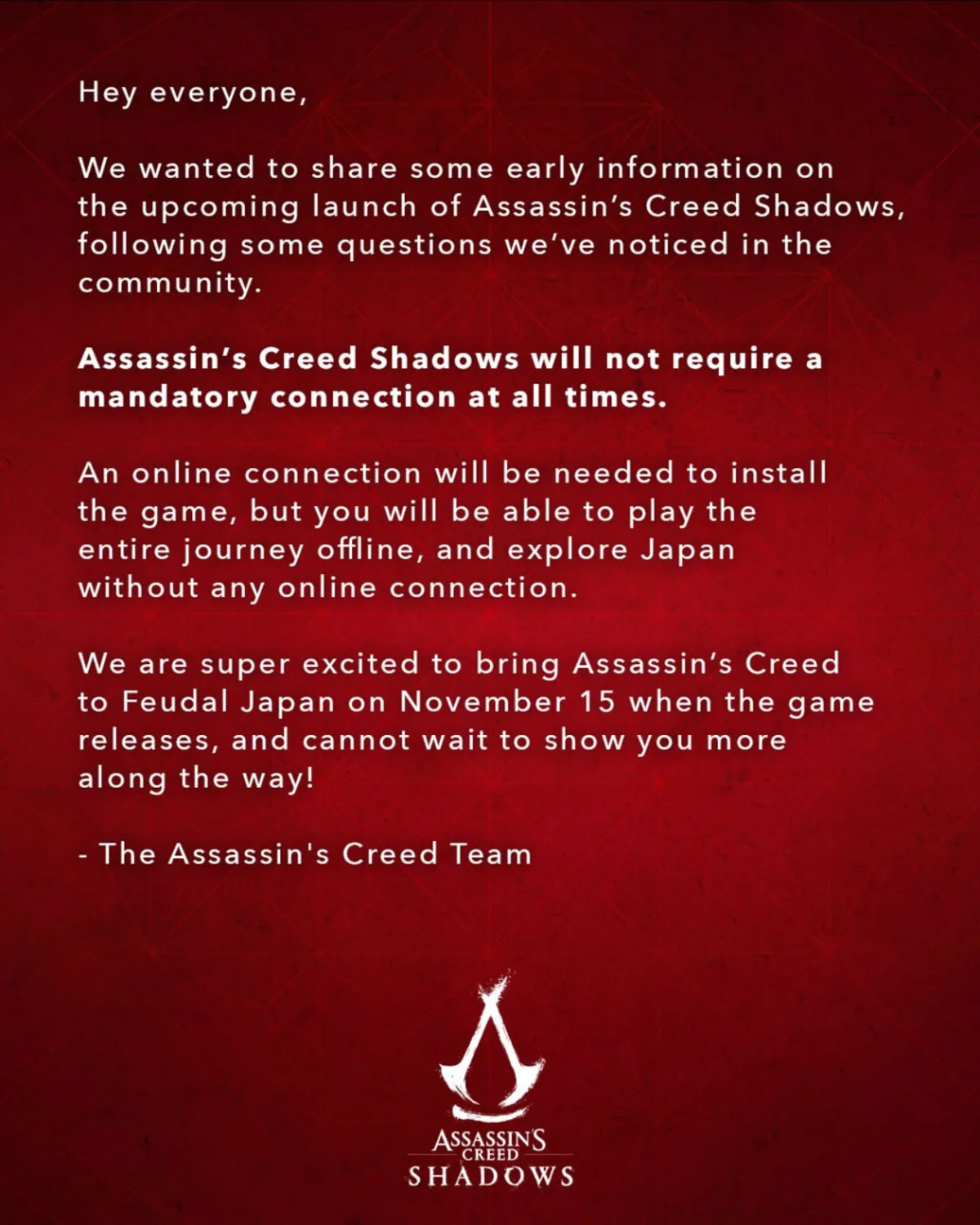 Assassins Creed Shadows не будет требовать постоянного подключения к сети - фото 1