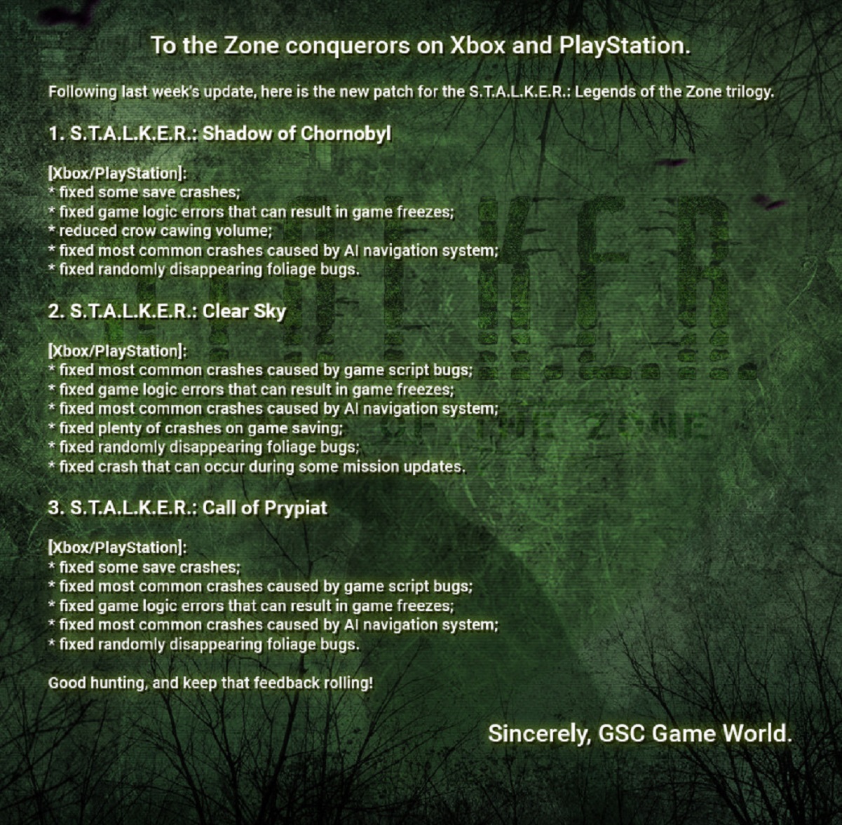 Трилогия STALKER Legends of the Zone получила новый патч на PlayStation и Xbox - изображение 1 Трилогия STALKER Legends of the Zone получила новый патч на PlayStation и Xbox - фото 1
