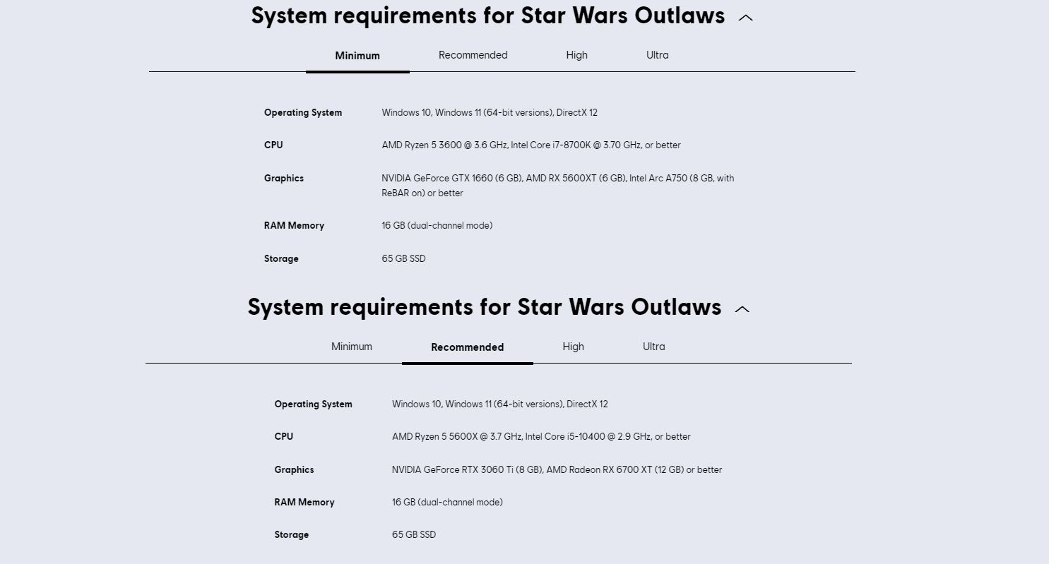 Ubisoft подробно расписала системные требования ролевого приключения Star Wars Outlaws - изображение 1 Ubisoft подробно расписала системные требования ролевого приключения Star Wars Outlaws - фото 1