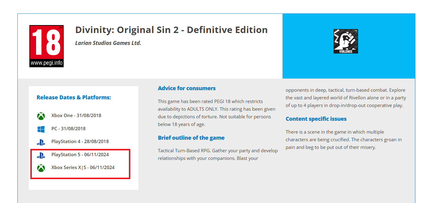 Divinity: Original Sin 2 — Definitive Edition выдали рейтинг для PS5 и Xbox Series - изображение 1 Divinity: Original Sin 2 — Definitive Edition выдали рейтинг для PS5 и Xbox Series - фото 1