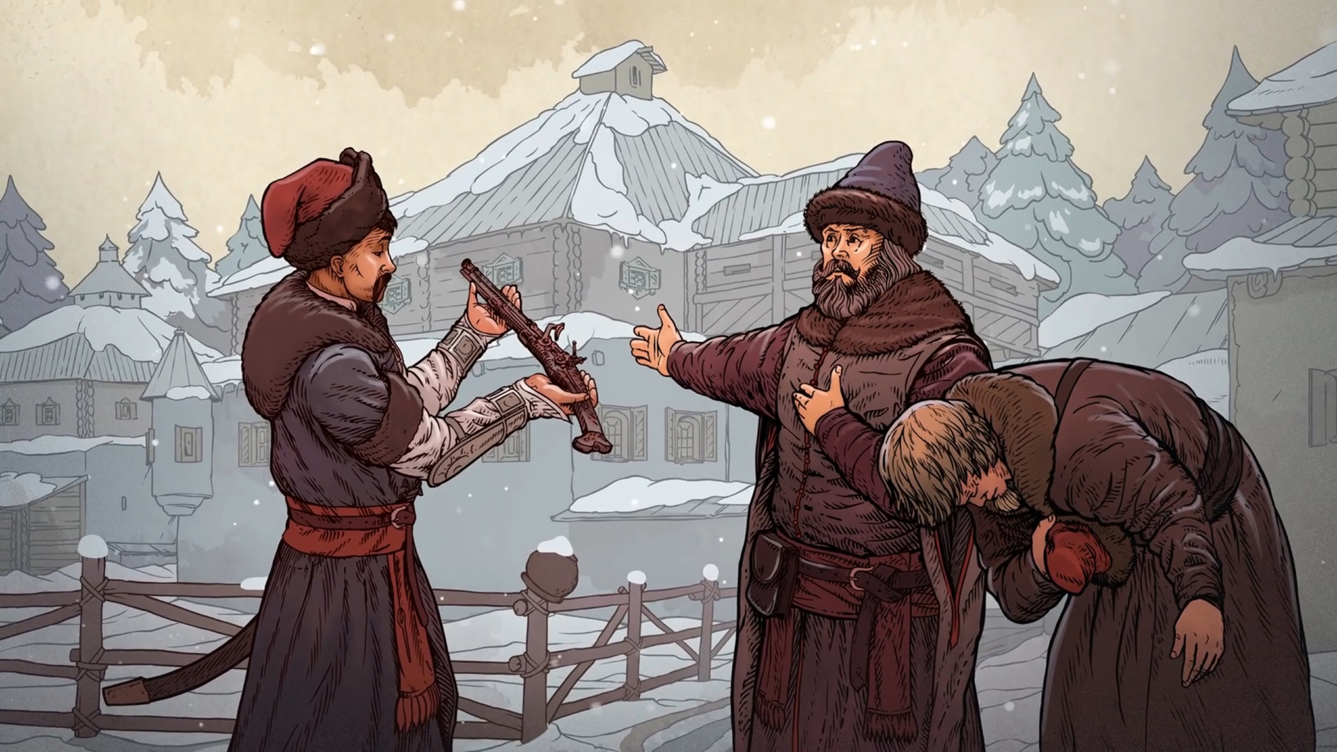 Стилизованные сюжетные вставки.

Источник: видеоигра «Земский собор»