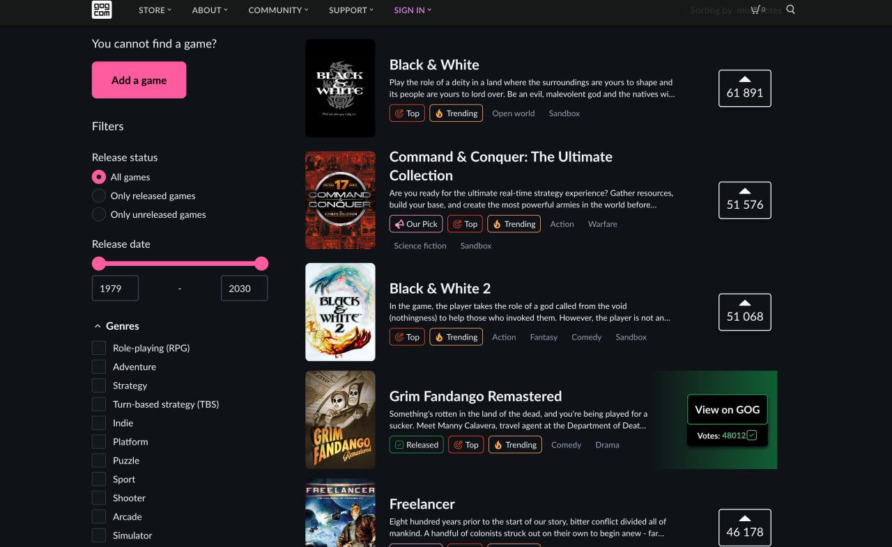 Новый список GOG позволит голосовать за появление желанной «классики» самим игрокам - изображение 1 Новый список GOG позволит голосовать за появление желанной «классики» самим игрокам - фото 1