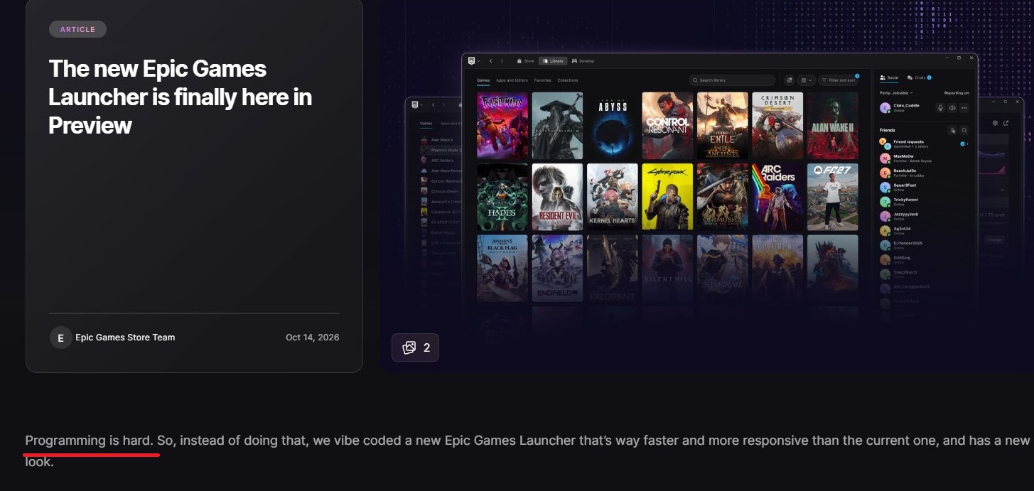 «Программировать сложно» и «теперь быстрее Steam» — Epic Games обновляет свой лаунчер с помощью ИИ - изображение 1 «Программировать сложно» и «теперь быстрее Steam» — Epic Games обновляет свой лаунчер с помощью ИИ - фото 1