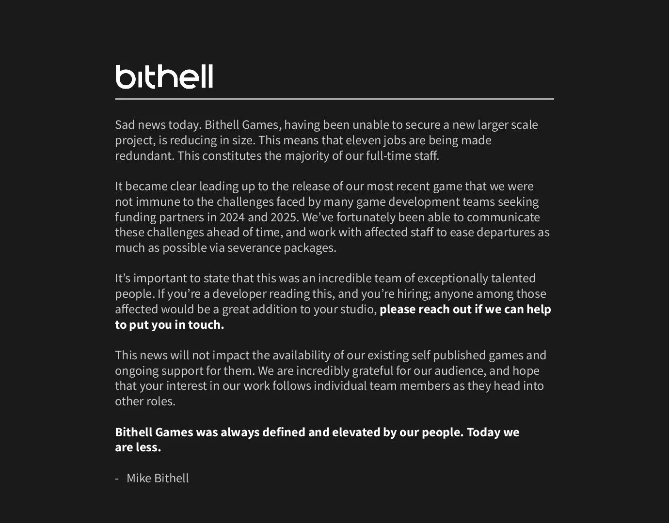 Bithell Games сокращает штат: как кризис финансирования ударил по инди-студии