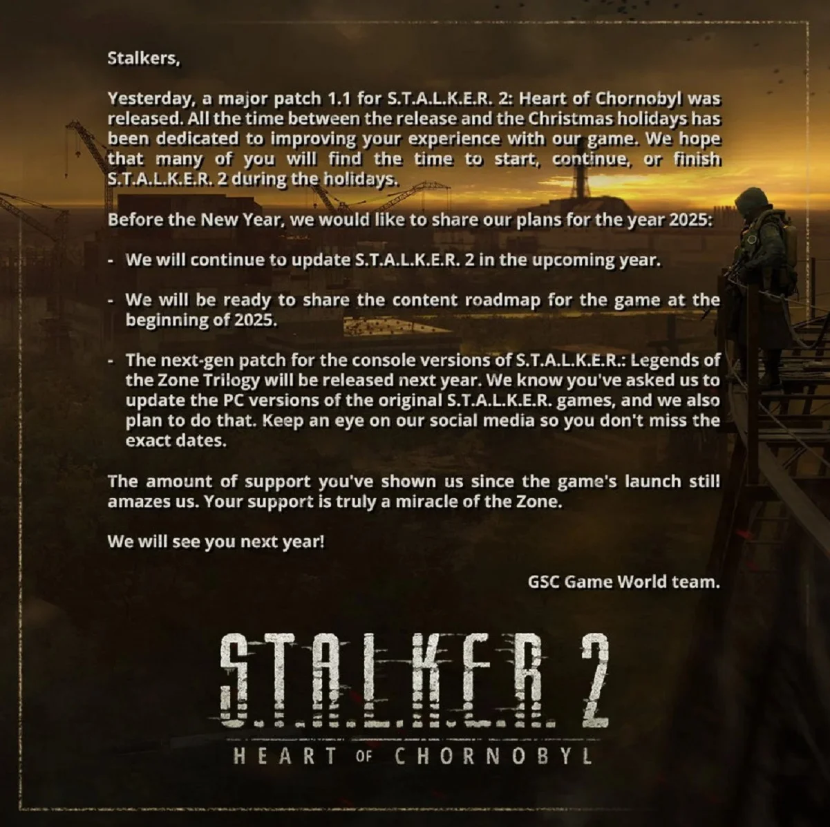 Обновление классики и новые патчи — авторы S.T.A.L.K.E.R. 2 раскрыли планы на 2025 год - изображение 1 Обновление классики и новые патчи — авторы S.T.A.L.K.E.R. 2 раскрыли планы на 2025 год - фото 1