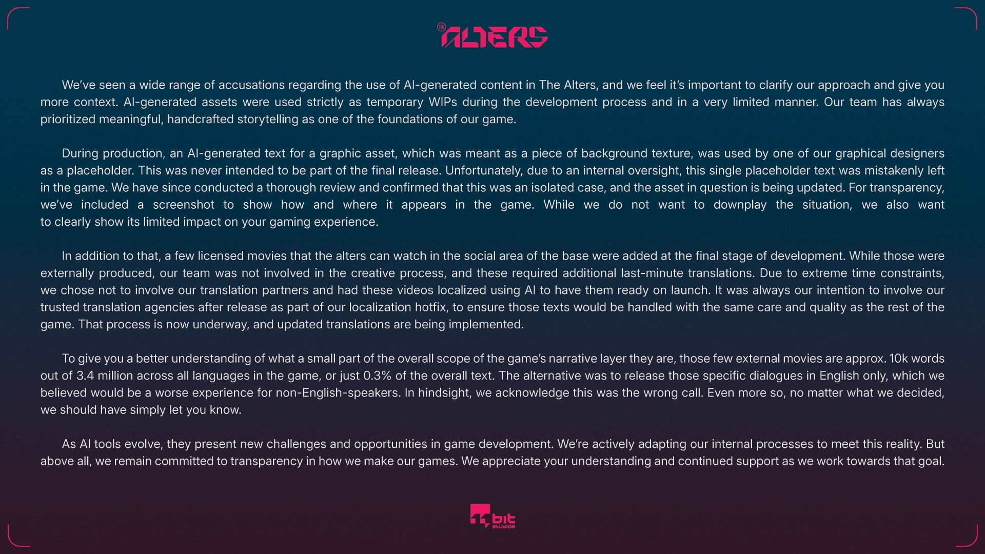 Студия 11 bit призналась в использовании ИИ в The Alters и пообещала исправиться - изображение 2 Студия 11 bit призналась в использовании ИИ в The Alters и пообещала исправиться - фото 2
