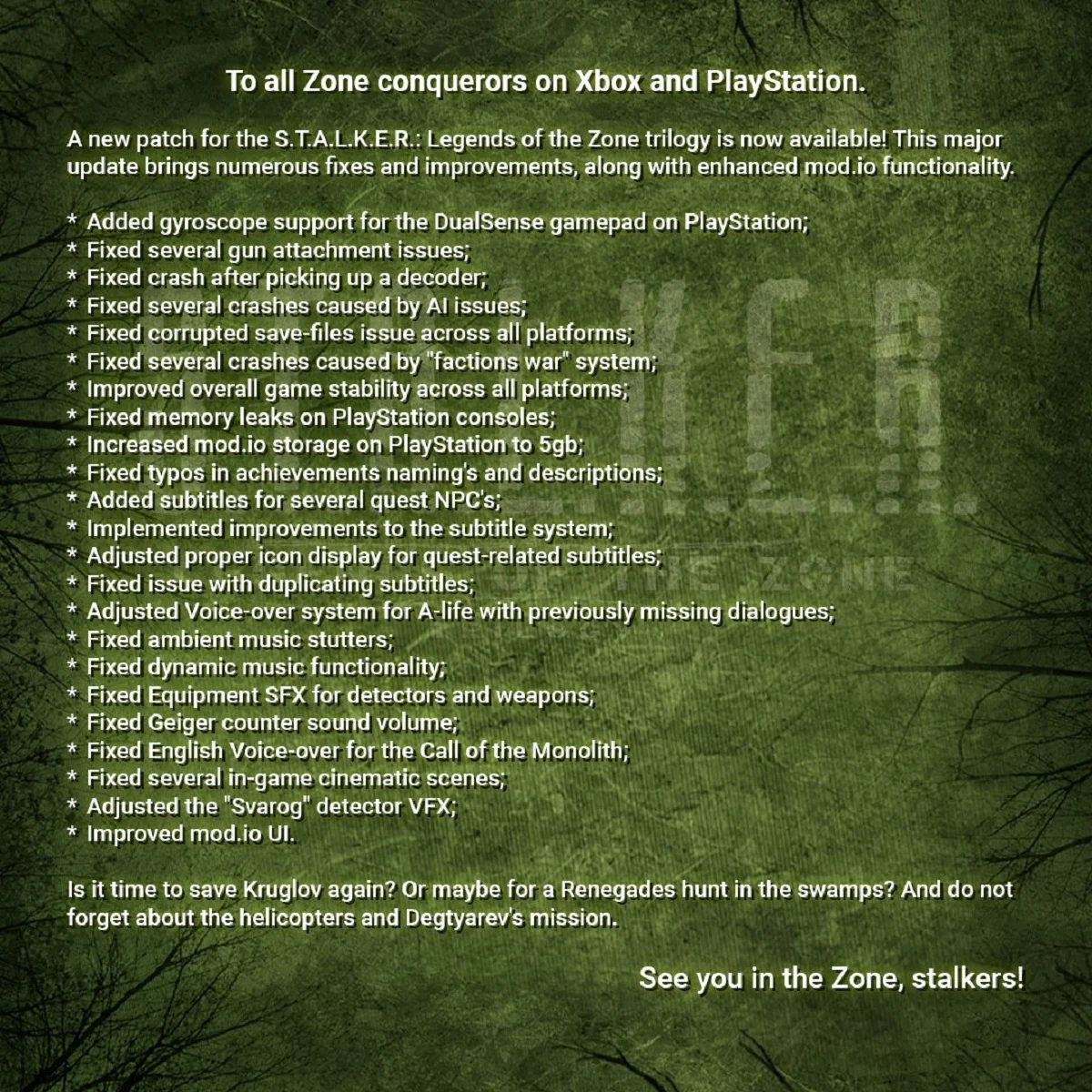 S.T.A.L.K.E.R. Legends of the Zone получил свежее обновление на PlayStation и Xbox - фото 1