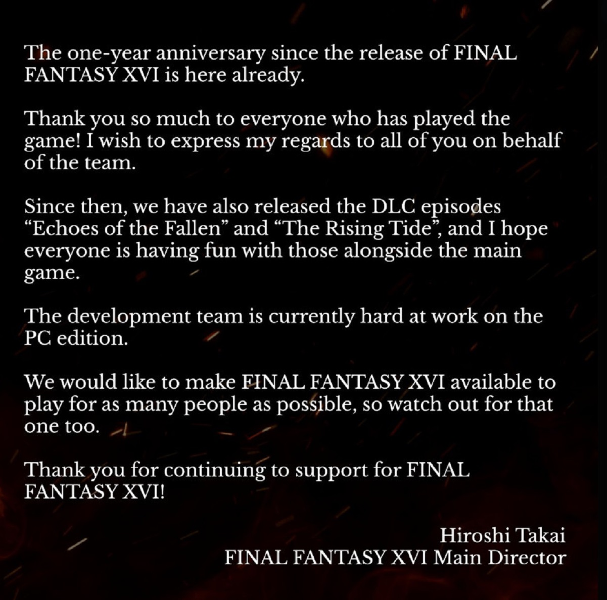 Авторы Final Fantasy 16 напомнили о порте для PC в честь годовщины игры - изображение 1 Авторы Final Fantasy 16 напомнили о порте для PC в честь годовщины игры - фото 1