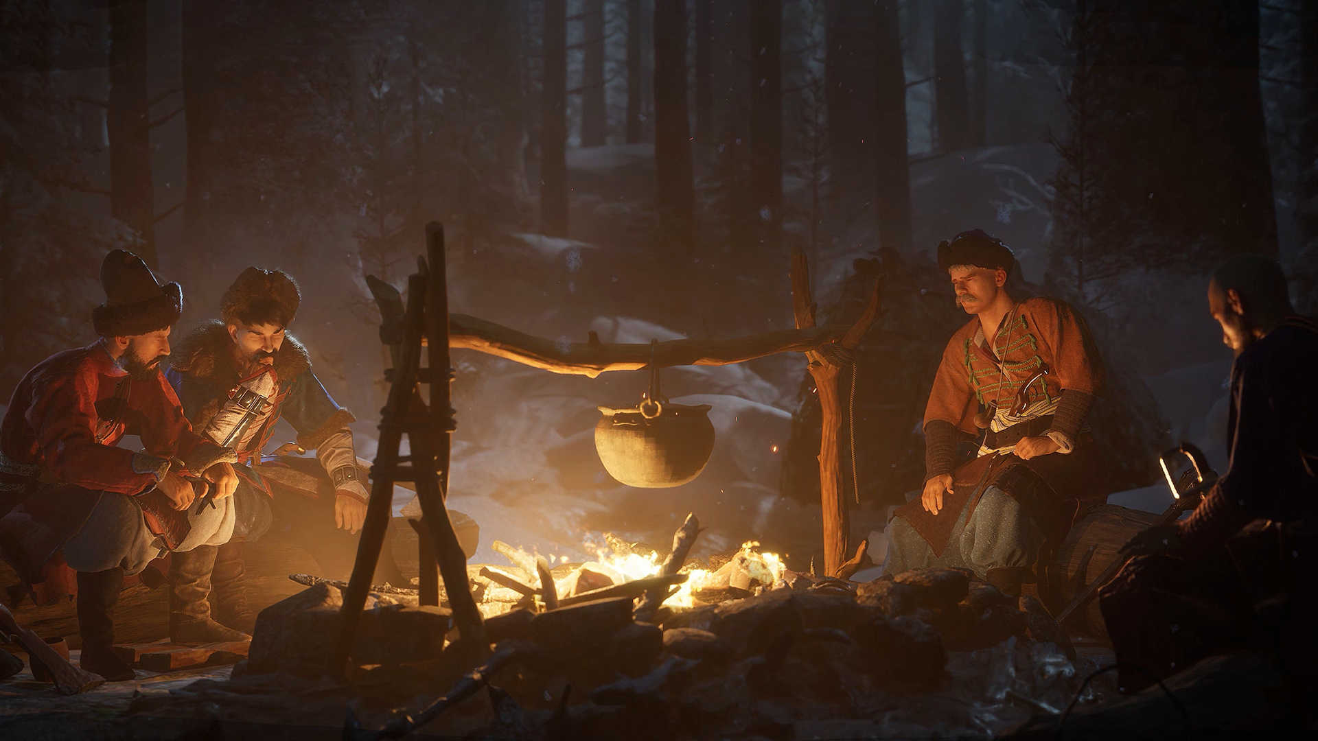 Тишину зимнего леса прерывает редкое потрескивание костра.

Источник: видеоигра «Земский собор»