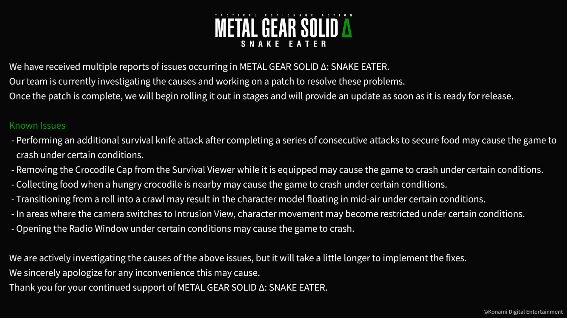 Metal Gear Solid Delta: Snake Eater — первые баги и планы по исправлению