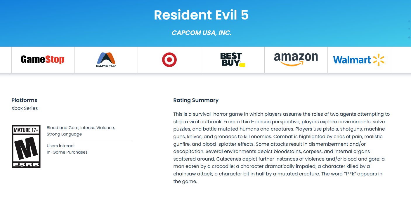ESRB рекомендует Resident Evil 5 на Xbox Series только взрослым - изображение 1 ESRB рекомендует Resident Evil 5 на Xbox Series только взрослым - фото 1