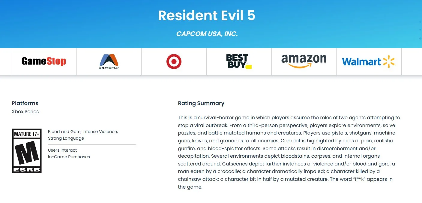 ESRB рекомендует Resident Evil 5 на Xbox Series только взрослым из-за крови, насилия и крепких слов персонажей.