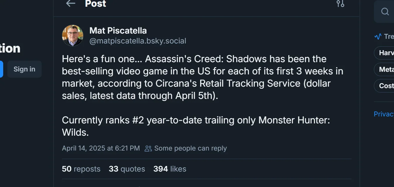 Assassinʼs Creed Shadows захватила чарты США, но уступила одной игре - изображение 1 Assassinʼs Creed Shadows захватила чарты США, но уступила одной игре - фото 1