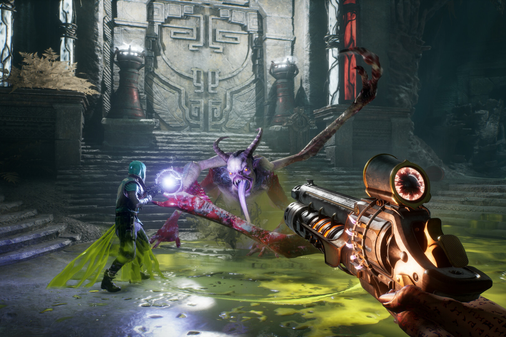 Пока дизайны монстров и окружения для перезапуска смотрятся не так ярко на фоне оригинала, однако собственный стиль у игры присутствует.

Источник: видеоигра Painkiller (2025)