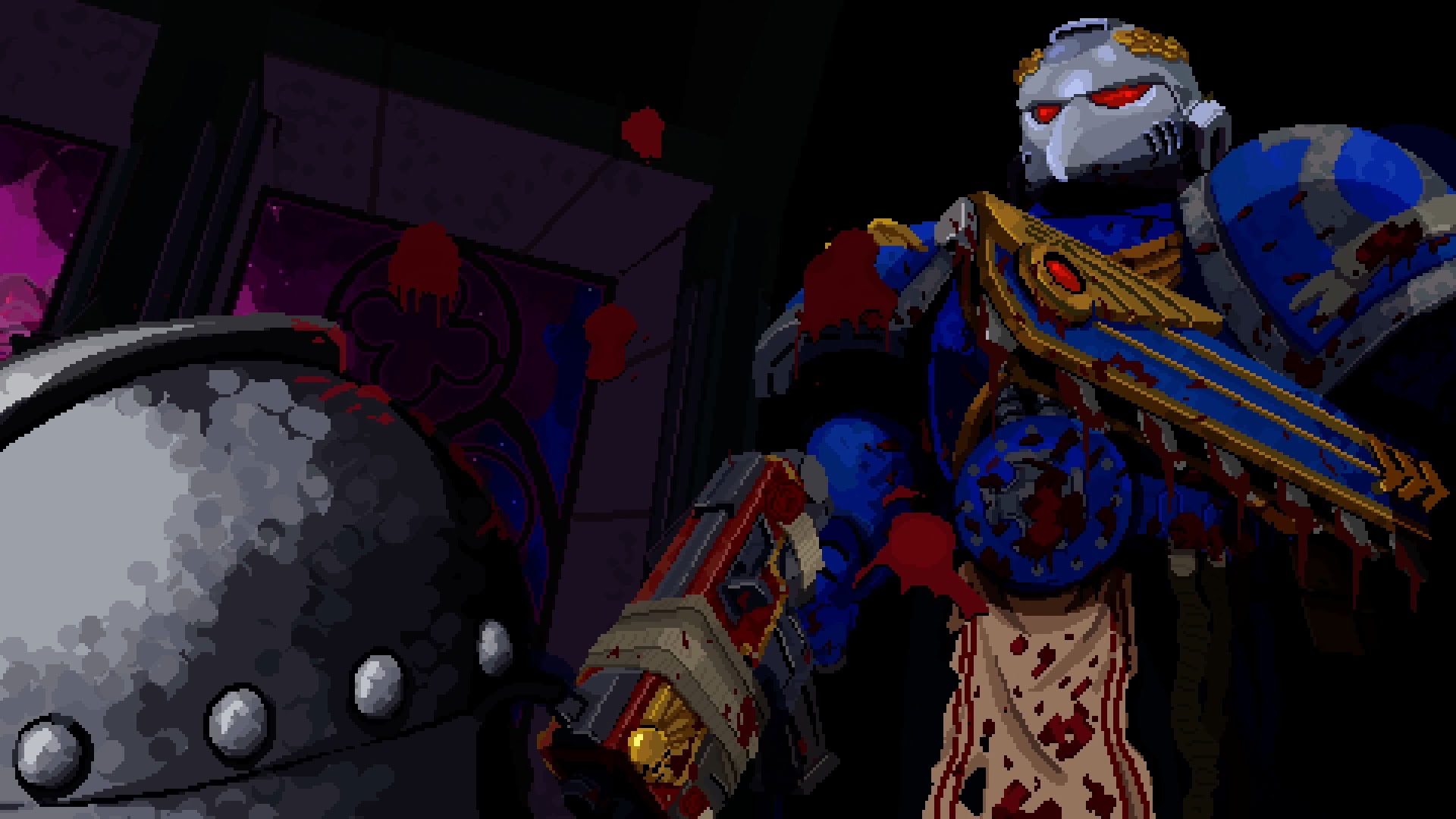 Игр с первых секунд задает тон.

Источник: видеоигра Warhammer 40,000: Boltgun 2