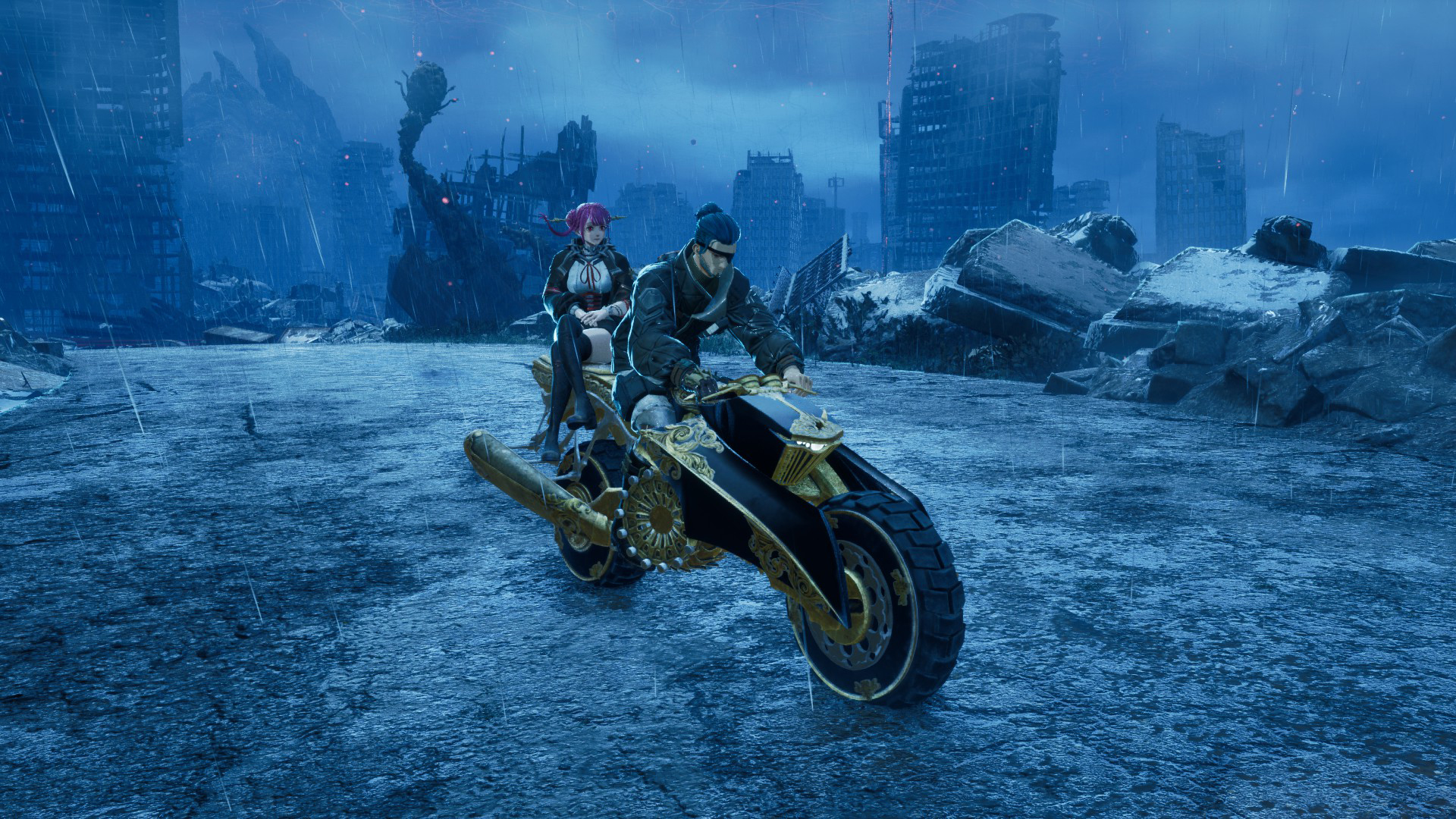 Коня из Elden Ring здесь заменяет стильный мотоцикл. Управляется он жутко неудобно, зато каждому спутнику дали уникальную анимацию езды!

Источник: видеоигра Code Vein 2