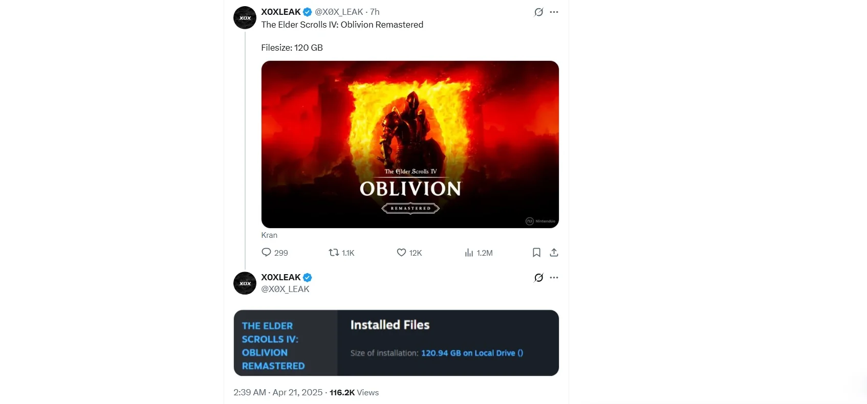 Больше 100 ГБ — в Steam нашли потенциальный размер ремастера The Elder Scrolls 4: Oblivion - изображение 1 Больше 100 ГБ — в Steam нашли потенциальный размер ремастера The Elder Scrolls 4: Oblivion - фото 1