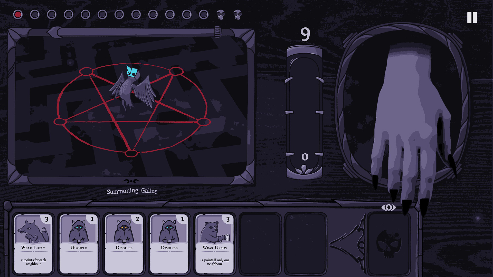 Карты нужно расположить вокруг пентаграммы и набрать нужное количество очков.

Источник: видеоигра Burn With Me