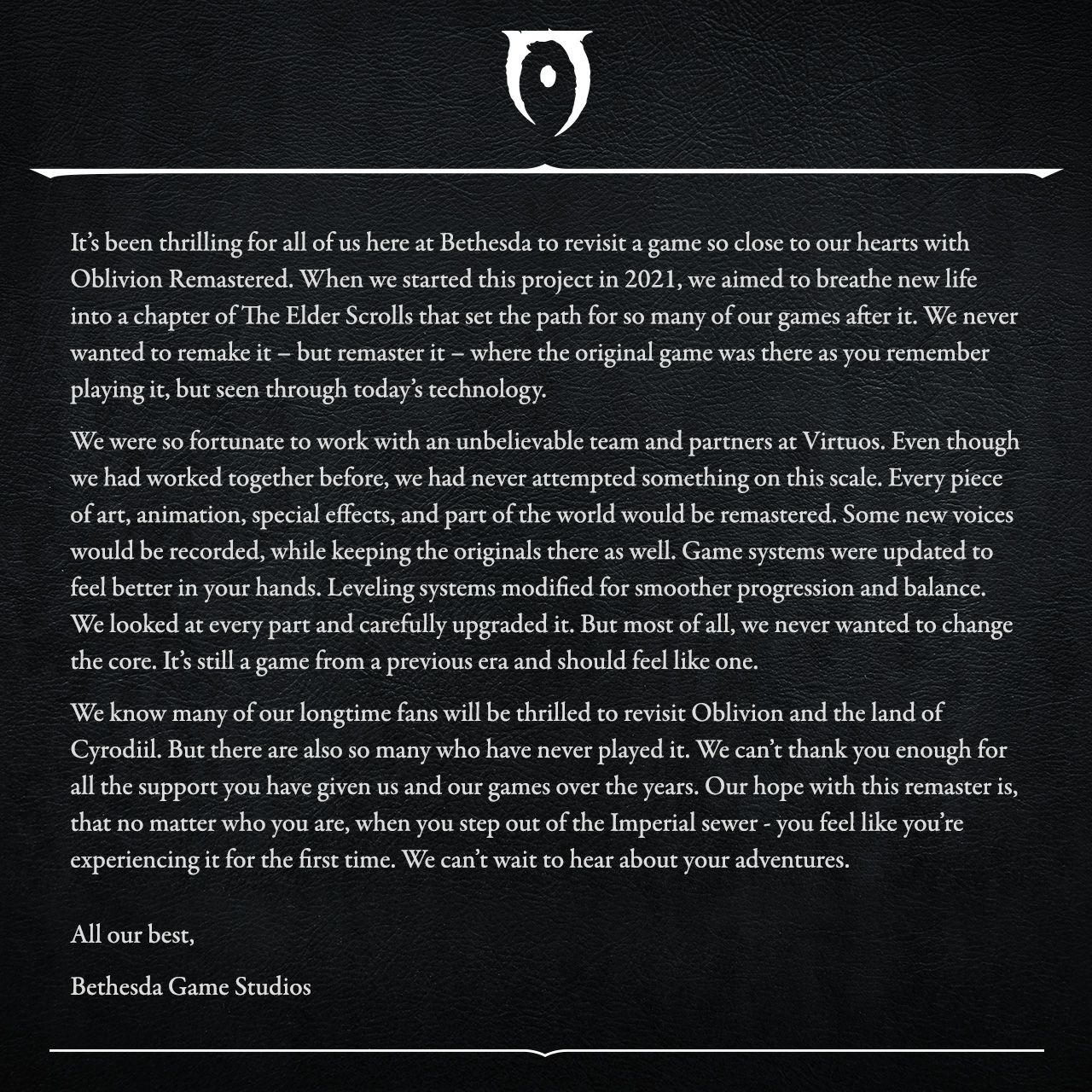 Bethesda назвала ремейк The Elder Scrolls 4: Oblivion ремастером из почтения - изображение 1 Bethesda назвала ремейк The Elder Scrolls 4: Oblivion ремастером из почтения - фото 1